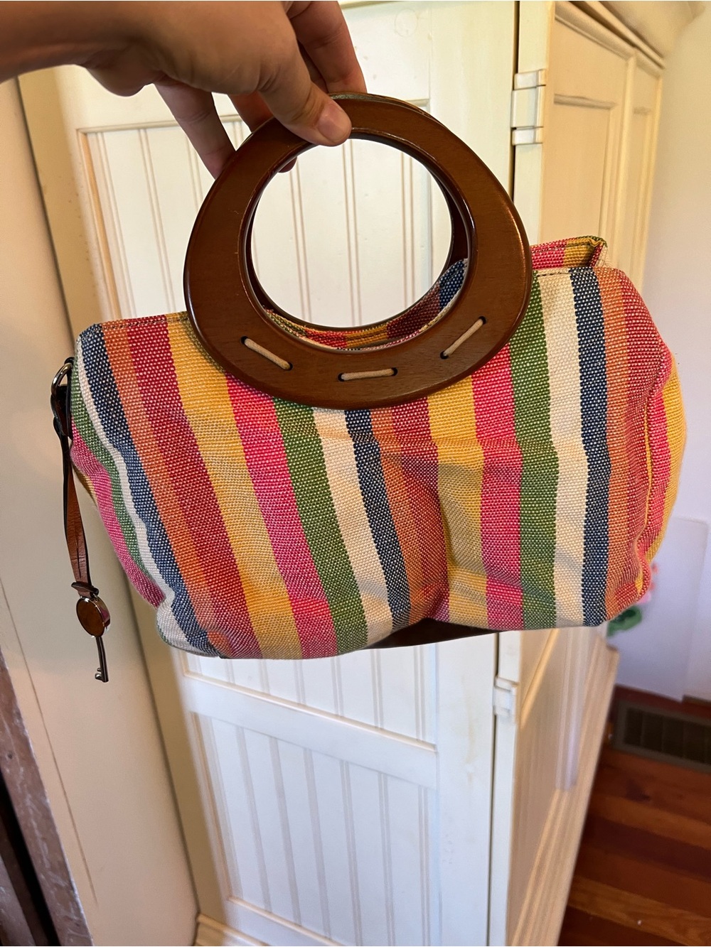 Multicolor Striped Women's Handbag with Wooden Handles
